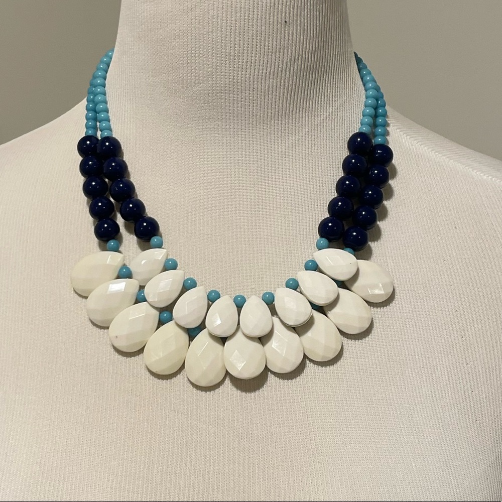 Navy Turquoise and Off White Beaded Necklace